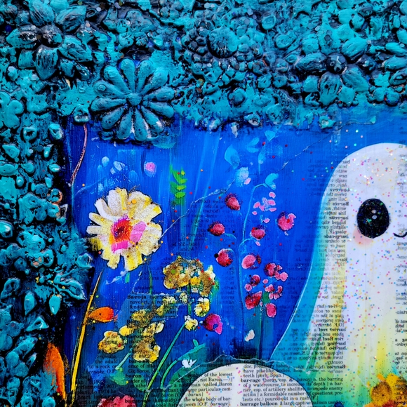 Ghosts In Wildflower Field Large 16x20 Canvas Mixed Media Art Creepy Cute Decor - Picture 3 of 7
